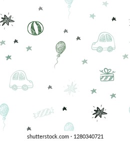 Light Blue, Green vector seamless template in carnival style. Design in xmas style with a toy car, baloon, candy, star, ball. Pattern for birthday gifts.