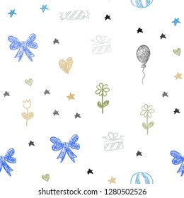 Light Blue, Green vector seamless pattern with christmas toys. Colorful illustration with a toy car, heart, baloon, tulip, candy, ball. Template for new year postcards.