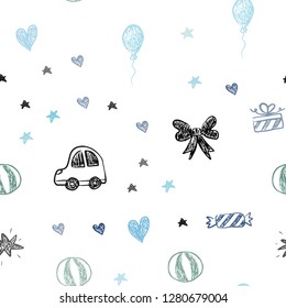 Light Blue, Green vector seamless background with xmas attributes. Abstract illustration with a toy car, heart, baloon, tulip, candy, ball. Pattern for carnival, festival ads.