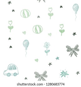 Light Blue, Green vector seamless backdrop with holiday gifts. Illustration with a colorful toy car, heart, baloon, tulip, candy, ball. Design for holiday adverts.