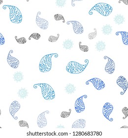 Light Blue, Green vector seamless doodle pattern with leaves and flowers. Decorative design in Indian style on white background. Design for wallpaper, fabric makers.