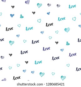 Light Blue, Green vector seamless background with words of love, hearts. Colorful gradient phrase LOVE YOU, hearts in abstract style. Design for wallpaper, fabric makers.