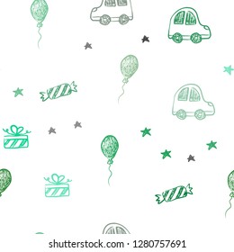 Light Blue, Green vector seamless backdrop in holiday style. Illustration with a colorful toy car, baloon, candy, star, ball. Design for colorful commercials.