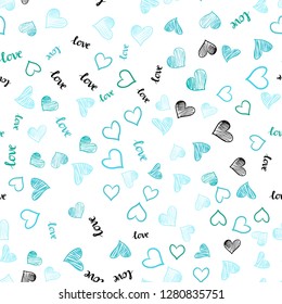 Light Blue, Green vector seamless pattern with phrase LOVE YOU, hearts. Design in doodle style with text LOVE YOU, hearts. Design for wallpaper, fabric makers.