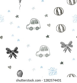 Light Blue, Green vector seamless texture with birthday gifts. Design in xmas style with a toy car, heart, baloon, tulip, candy, ball. Template for new year postcards.