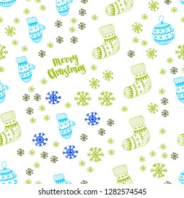 Light Blue, Green vector seamless layout with bright snowflakes, balls, socks, mittens. Shining colorful illustration in christmas style. Texture for window blinds, curtains.