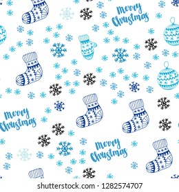 Light Blue, Green vector seamless background with xmas snowflakes, balls, socks, mittens. Shining colorful illustration in christmas style. Pattern for trendy fabric, wallpapers.