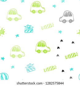 Light Blue, Green vector seamless backdrop in holiday style. Shining illustration with a toy car, baloon, candy, star, ball. Pattern for new year ads.