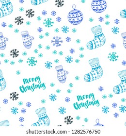 Light Blue, Green vector seamless texture with colored snowflakes, balls, socks, mittens. Glitter abstract illustration with gradient. Texture for window blinds, curtains.