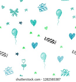 Light Blue, Green vector seamless pattern in christmas style. Illustration with a gradientheart, baloon, candy, gift, star, ribbon. Template for new year postcards.
