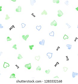 Light Blue, Green vector seamless pattern with phrase LOVE YOU, hearts. Design in doodle style with text LOVE YOU, hearts. Design for wallpaper, fabric makers.