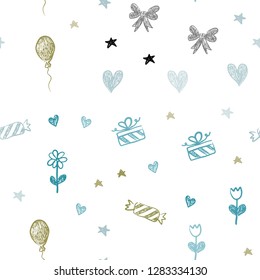 Light Blue, Green vector seamless pattern in christmas style. Illustration with a colorfulheart, baloon, candy, gift, star, ribbon. Template for new year postcards.
