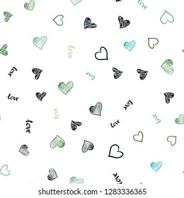 Light Blue, Green vector seamless texture with words LOVE YOU, hearts. Colorful illustration with quote LOVE YOU, hearts. Design for wallpaper, fabric makers.