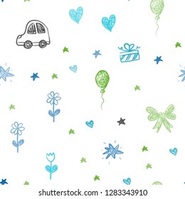Light Blue, Green vector seamless backdrop with holiday gifts. Illustration with a colorful toy car, heart, baloon, tulip, candy, ball. Template for new year postcards.