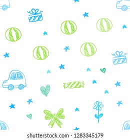 Light Blue, Green vector seamless backdrop with holiday gifts. Design in xmas style with a toy car, heart, baloon, tulip, candy, ball. Design for colorful commercials.