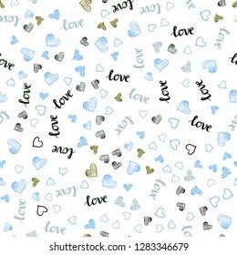 Light Blue, Green vector seamless texture with words LOVE YOU, hearts. Colorful gradient phrase LOVE YOU, hearts in abstract style. Design for textile, fabric, wallpapers.