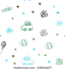 Light Blue, Green vector seamless layout in new year style. Colorful illustration with a toy car, baloon, candy, star, ball. Pattern for carnival, festival ads.