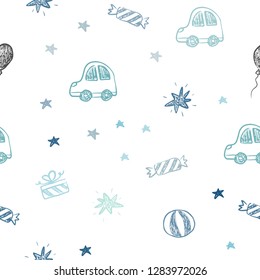 Light Blue, Green vector seamless texture in birthday style. Shining illustration with a toy car, baloon, candy, star, ball. Design for colorful commercials.