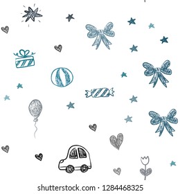 Light Blue, Green vector seamless background with xmas attributes. Colorful illustration with a toy car, heart, baloon, tulip, candy, ball. Pattern for birthday gifts.