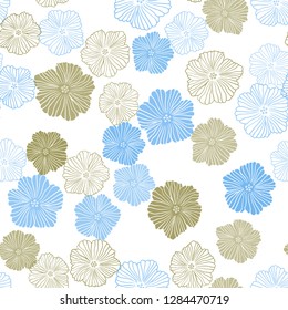 Light Blue, Green vector seamless elegant wallpaper with flowers. Colorful illustration with flowers in doodle style. Texture for window blinds, curtains.