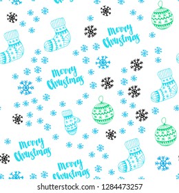 Light Blue, Green vector seamless cover with beautiful snowflakes, balls, socks, mittens. Shining colorful illustration in christmas style. Template for business cards, websites.