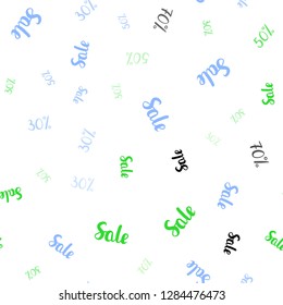 Light Blue, Green vector seamless pattern with 30, 50, 70 percentage signs. Gradient illustration with discount signs on white backdrop. Backdrop for super sales on Black Friday.