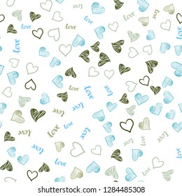 Light Blue, Green vector seamless backdrop with phrase LOVE YOU, hearts. Illustration with words of love, hearts in abstract style. Texture for window blinds, curtains.