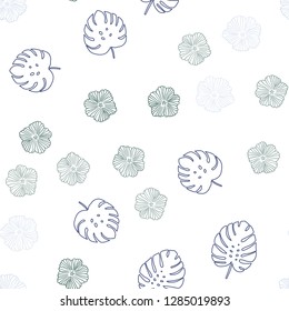 Light Blue, Green vector seamless doodle texture with flowers, leaves. Leaves, flowers in natural style on white background. Design for wallpaper, fabric makers.