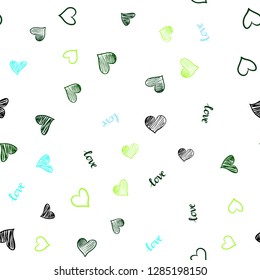 Light Blue, Green vector seamless backdrop with phrase LOVE , hearts. Illustration with words of love, hearts in abstract style. Texture for window blinds, curtains.