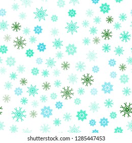 Light Blue, Green vector seamless background with xmas snowflakes. Blurred decorative design in xmas style with snow. Trendy design for wallpaper, fabric makers.