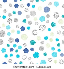 Light Blue, Green vector seamless doodle backdrop with leaves, flowers. An elegant bright illustration with leaves and flowers. Design for textile, fabric, wallpapers.