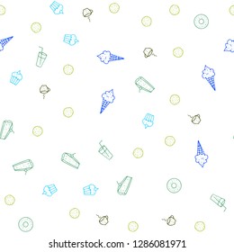 Light Blue, Green vector seamless cover with cuisine gourmet. Beautiful colored illustration with food in doodle style. Design for ad, poster, banner of cafes or restaurants.