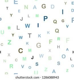 Light Blue, Green vector seamless texture with ABC characters. Colored alphabet signs with gradient on white background. Texture for window blinds, curtains.