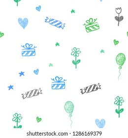 Light Blue, Green vector seamless template in carnival style. Colorful illustration with aheart, baloon, candy, gift, star, ribbon. Pattern for new year ads.