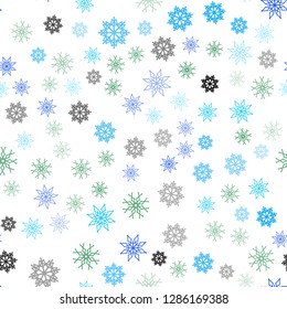 Light Blue, Green vector seamless texture with colored snowflakes. Snow on blurred abstract background with gradient. Pattern for design of window blinds, curtains.