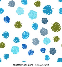 Light Blue, Green vector seamless doodle template with flowers, leaves. Colorful illustration in doodle style with leaves, flowers. Pattern for trendy fabric, wallpapers.