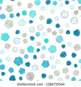 Light Blue, Green vector seamless doodle backdrop with leaves, flowers. Colorful illustration in doodle style with leaves, flowers. Template for business cards, websites.