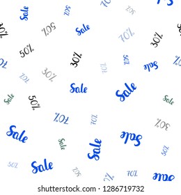 Light Blue, Green vector seamless cover with symbols of 30, 50, 70 % sales. Colored words of sales with gradient on white background. Backdrop for ads, leaflets of Black Friday.