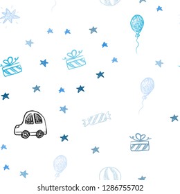 Light Blue, Green vector seamless layout in new year style. Design in xmas style with a toy car, baloon, candy, star, ball. Design for holiday adverts.