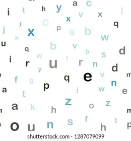 Light Blue, Green vector seamless layout with latin alphabet. Modern geometrical illustration with ABC english symbols. Texture for window blinds, curtains.