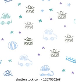 Light Blue, Green vector seamless pattern in christmas style. Abstract illustration with a toy car, baloon, candy, star, ball. Pattern for carnival, festival ads.