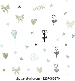 Light Blue, Green vector seamless background in xmas style. Abstract illustration with aheart, baloon, candy, gift, star, ribbon. Design for holiday adverts.