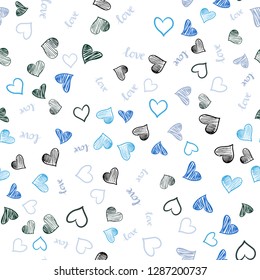 Light Blue, Green vector seamless pattern with phrase LOVE YOU, hearts. Illustration with words of love, hearts in abstract style. Template for business cards, websites.