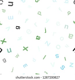 Light Blue, Green vector seamless background with signs of alphabet. Colored alphabet signs with gradient on white background. Texture for window blinds, curtains.