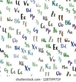 Light Blue, Green vector seamless backdrop with english symbols. Modern geometrical illustration with ABC english symbols. Pattern for trendy fabric, wallpapers.