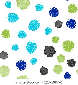 Light Blue, Green vector seamless doodle texture with flowers, leaves. Sketchy doodles on white background. Pattern for trendy fabric, wallpapers.