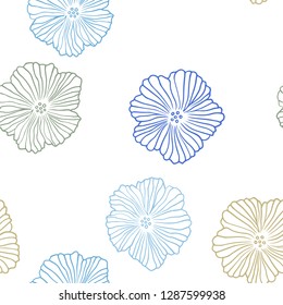 Light Blue, Green vector seamless doodle pattern with flowers. Sketchy doodle flowers on white background. Pattern for design of fabric, wallpapers.