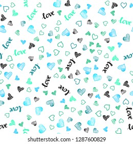 Light Blue, Green vector seamless texture with words LOVE YOU, hearts. Colorful illustration with quote LOVE YOU, hearts. Design for wallpaper, fabric makers.