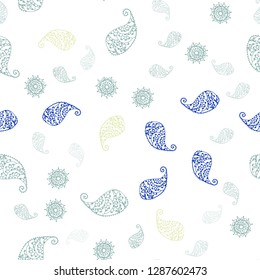 Light Blue, Green vector seamless natural background with leaves and flowers. Abstract illustration with leaves, flowers in doodles style. Texture for window blinds, curtains.