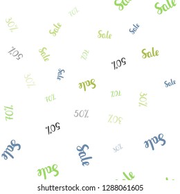 Light Blue, Green vector seamless pattern with 30, 50, 70 percentage signs. Abstract illustration with colorful gradient symbols of sales. Design for business ads, commercials.